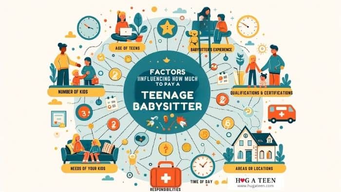 Illustration infographic on a white background for the Factors Influencing How Much To Pay a Teenage Babysitter. At the top is a banner with the title 'Factors Influencing How Much To Pay a Teenage Babysitter'. Each factor is presented in a circular bubble connected with dotted lines. For each factor: 1. Two teens, one younger and one older, for 'Age of the Babysitter'. 2. A calendar with marked dates for 'The Babysitter’s Experience'. 3. A badge with a star for 'Qualifications & Certifications'. 4. Four diverse children playing together for 'Number of Kids'. 5. A to-do list with various tasks for 'Responsibilities of the Babysitter'. 6. A teddy bear and a first-aid box for 'Needs of your Kids'. 7. A clock showing day and night for 'Time of Day'. 8. A cityscape and a countryside house for 'Area or Location'.