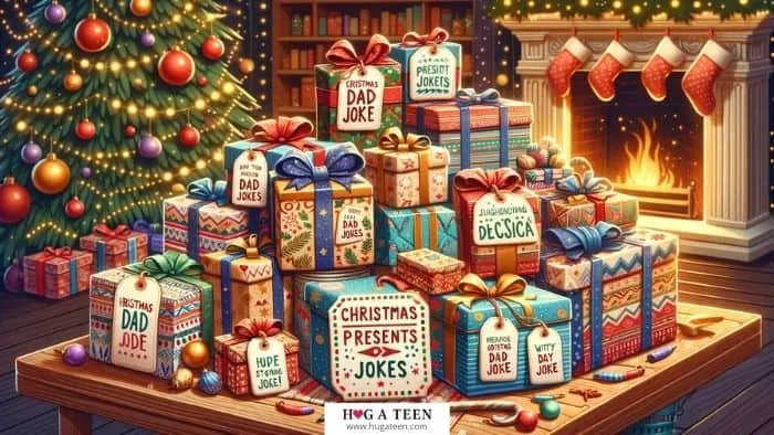 A lively and colorful Christmas scene, featuring a pile of wrapped gifts in various sizes and patterns. Each gift has a tag with a witty dad joke written on it. The overall feel of the image is festive and humorous, perfectly capturing the spirit of lighthearted Christmas presents dad jokes.