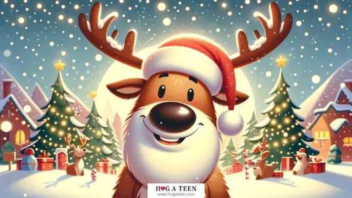 A cartoon reindeer wearing a Santa hat, with a cheerful and slightly mischievous grin. The reindeer is standing in a snowy landscape, surrounded by Christmas trees and twinkling lights. The overall vibe of the image is warm, inviting, and humorously indicative of the lighthearted Christmas Reindeer Dad Jokes.
