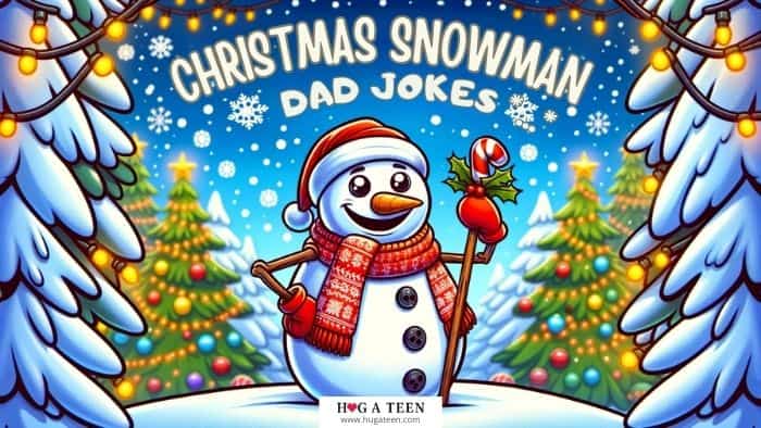 A cartoon snowman dressed in Christmas attire with a jovial and slightly cheeky expression. The snowman is standing in a winter scene with Christmas trees, colorful lights, and falling snow, creating a merry and bright atmosphere. fitting for the theme of Christmas snowman dad jokes.