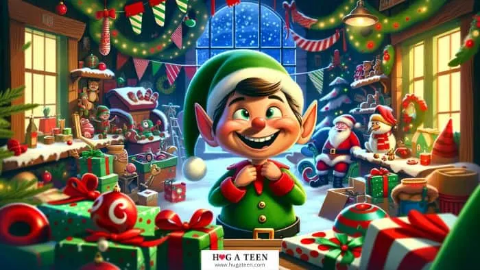 A cartoon-style Christmas elf with a mischievous grin, as if it's just cracked a clever pun. The elf is wearing traditional green and red attire, surrounded by a festive workshop setting with toys, wrapping paper, and Christmas decorations. The overall atmosphere is playful and fun, perfectly capturing the spirit of Christmas elf puns.