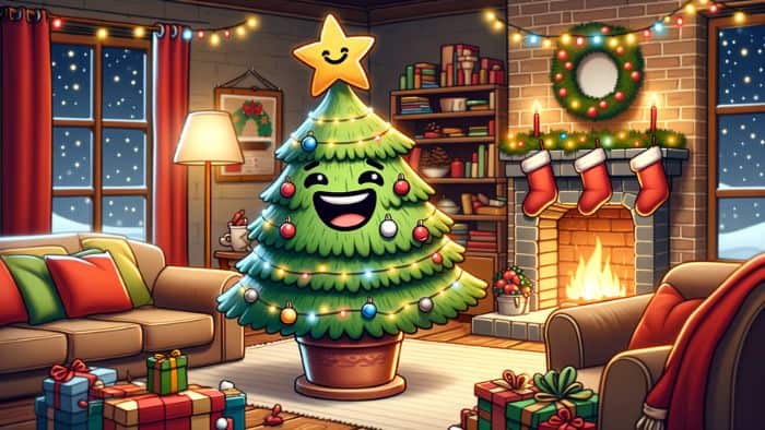 A cartoon Christmas tree with a playful, animated face, making a punny expression as if it's just told a joke. The tree is adorned with colorful lights, baubles, and a star on top, set against a cozy living room background with a fireplace, stockings, and presents. The overall feel of the image is merry and lighthearted, encapsulating the fun spirit of Christmas tree puns.