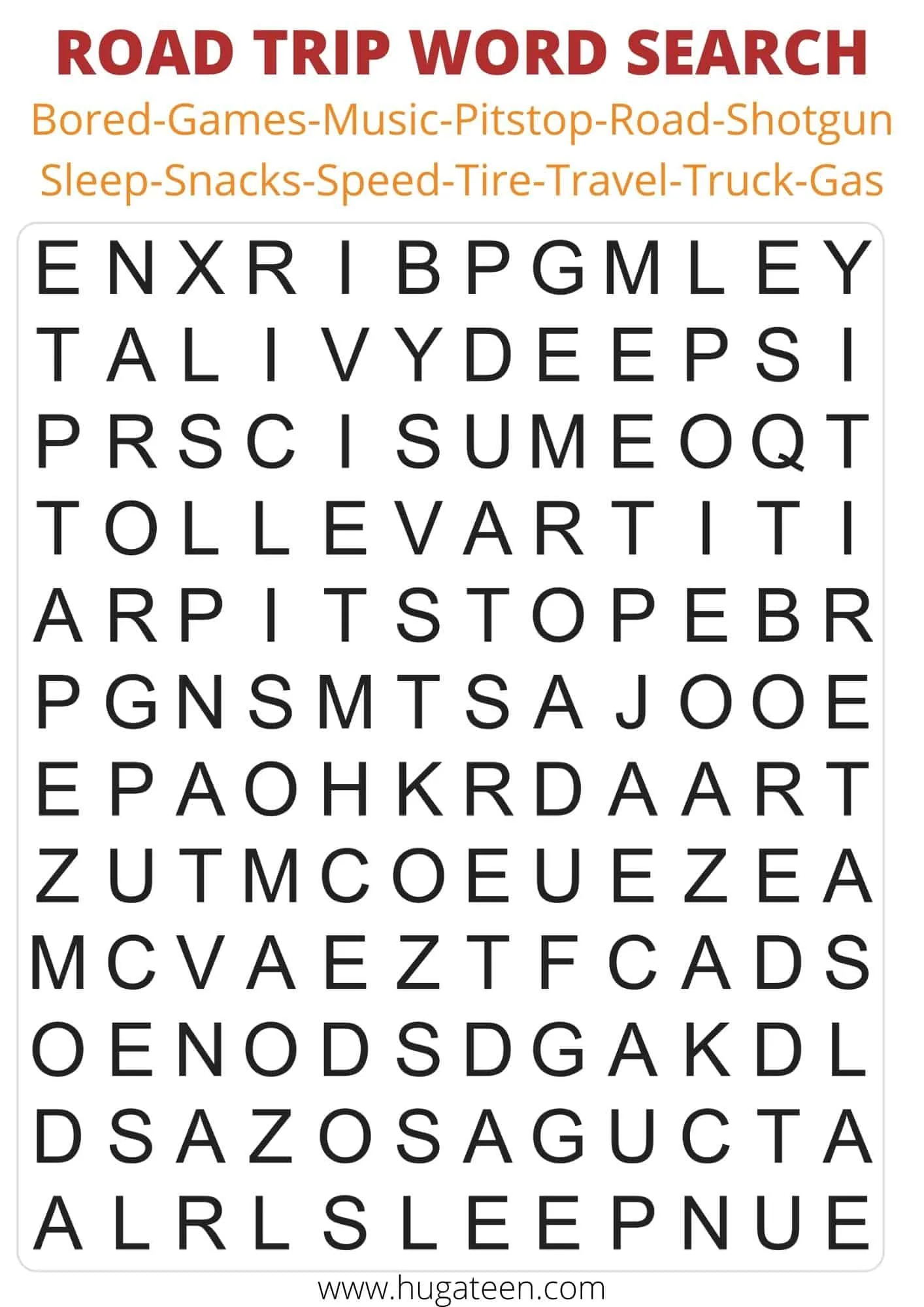 Road trip Word Search