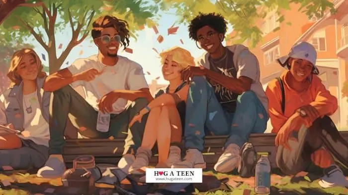 teens hang out in park with friends