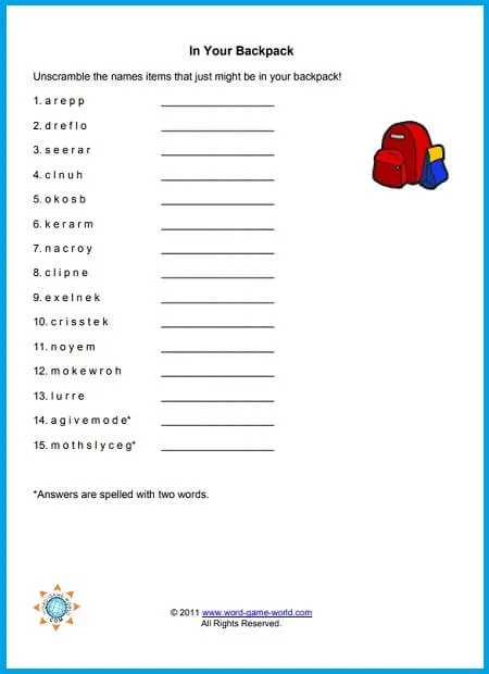 In Your backpack word search game for kids