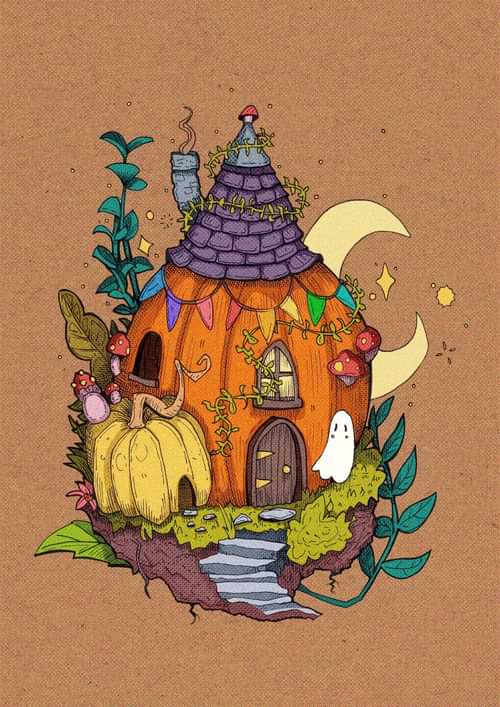 Pumpkin Ghost Fairyhouse - Halloween Drawing Ideas