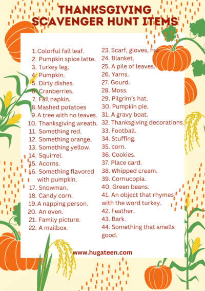 Thanksgiving Scavenger List Items
