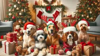 Pawsitively Merry Christmas Dog Puns, Quotes, Sayings & Captions for Furry Festive Fun! A variety of cute dogs in Christmas attire surrounded by holiday decorations. in a cozy Christmas living room with a tree, gifts, and festive lights, capturing the joy and warmth of the season.
