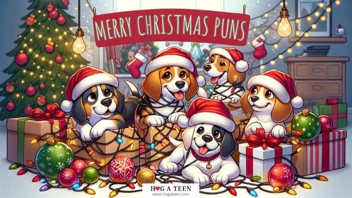 Cartoon dogs engaging in festive activities, such as wearing Santa hats, tangled in Christmas lights, or playfully interacting with ornaments and gifts. A cozy Christmas-themed environment, full of joy and holiday spirit, perfectly capturing the essence of Merry Christmas dog puns.