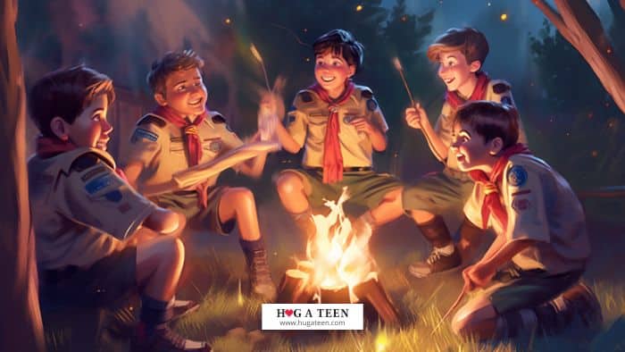 cubs scouts sitting around a campfire enjoy skits