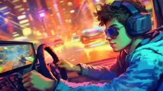 Image of teen boy playing driving game to learn how to drive