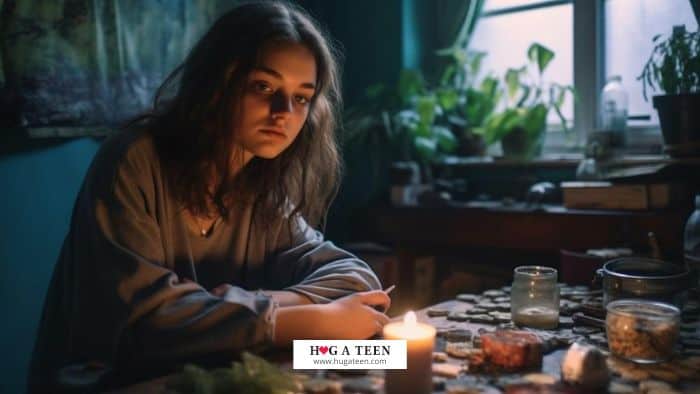 A teen girl sitting alone looking depressed after smoking weed