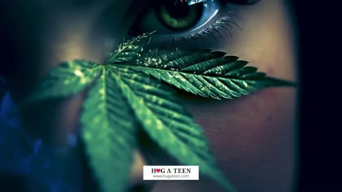 A close-up of a marijuana leaf with high potency and blurred distressed teen in background