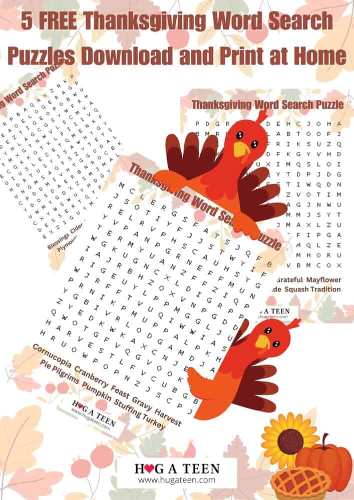 Free Download Five Thanksgiving Word Search Puzzles to print at home