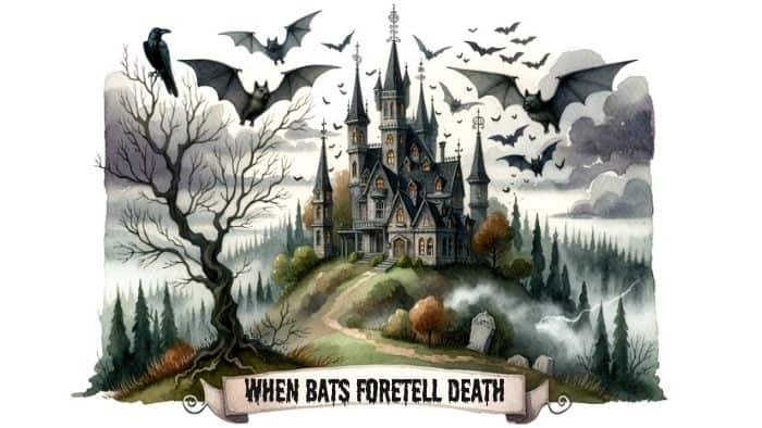 Watercolor painting of a haunted mansion on a hill. Bats flutter around the towering spires and chimneys. The atmosphere is thick with mist, and in the distance, a raven perches on a bare tree. The caption 'When Bats Foretell Death' is written in a curly font at the bottom.