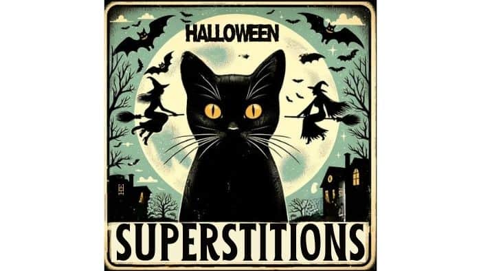 Illustration of a vintage-looking Halloween poster. A black cat with gleaming yellow eyes stands in the foreground, and behind it, there are silhouettes of witches flying on brooms, a full moon, and bats. The title 'Halloween Superstitions' is boldly written at the top.