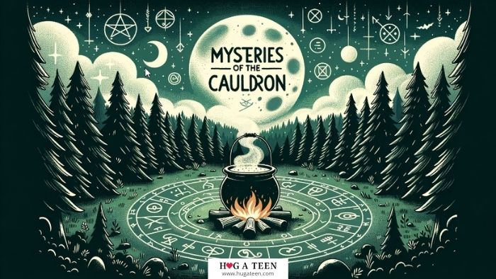 Illustration of a forest clearing during a full moon night. In the center, a large cauldron bubbles over a roaring fire. Surrounding the cauldron are symbols and runes drawn on the ground, and the phrase 'Mysteries of the Cauldron' hovers in the sky.