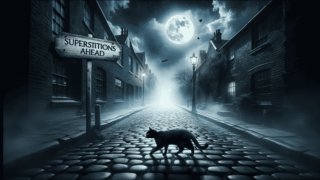 Photo of a dark, moonlit street with a black cat crossing it. Old cobblestone roads and faint mist give an eerie feeling. A rustic wooden sign on the side reads 'Halloween Superstitions Ahead'.