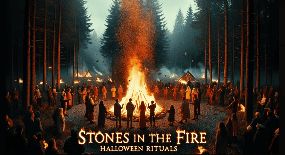 Photo of a roaring bonfire in the middle of a forest clearing on a crisp autumn night. People, of diverse descent and gender, stand around the fire, throwing small stones into the flames. The sparks rise, and the title 'Stones in the Fire: Halloween Rituals' is displayed in fiery letters above.