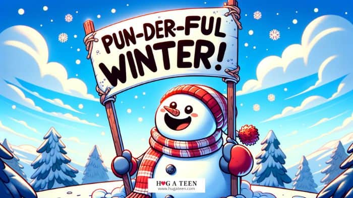 Best Snowman Puns a charming snowman with a mischievous grin, holding a large banner that reads 'Pun-derful Winter! Picturesque winter backdrop with a clear, bright blue sky and a few scattered snowflakes to enhance the whimsical and lighthearted mood of the image.