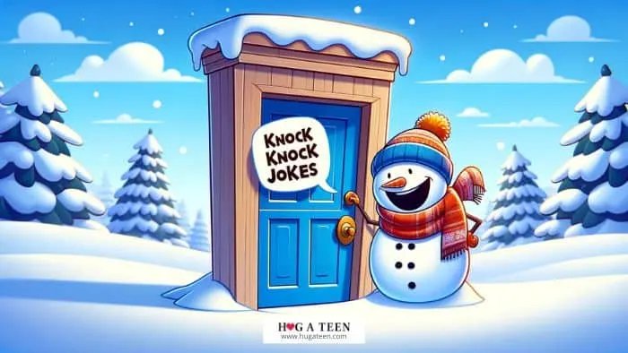 A cartoon-style snowman, with a cheerful expression, wearing a hat and scarf, playfully knocking on a brightly colored front door. The setting is a snowy landscape, with snow-covered trees and a clear sky in the background. The image captures the fun and playful nature of snowman knock knock jokes.